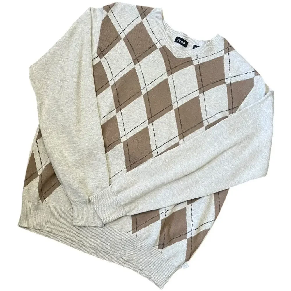 Y2K Vintage IZOD Argyle Sweater Size M Men VNeck Gray Tan Cotton Academia Preppy